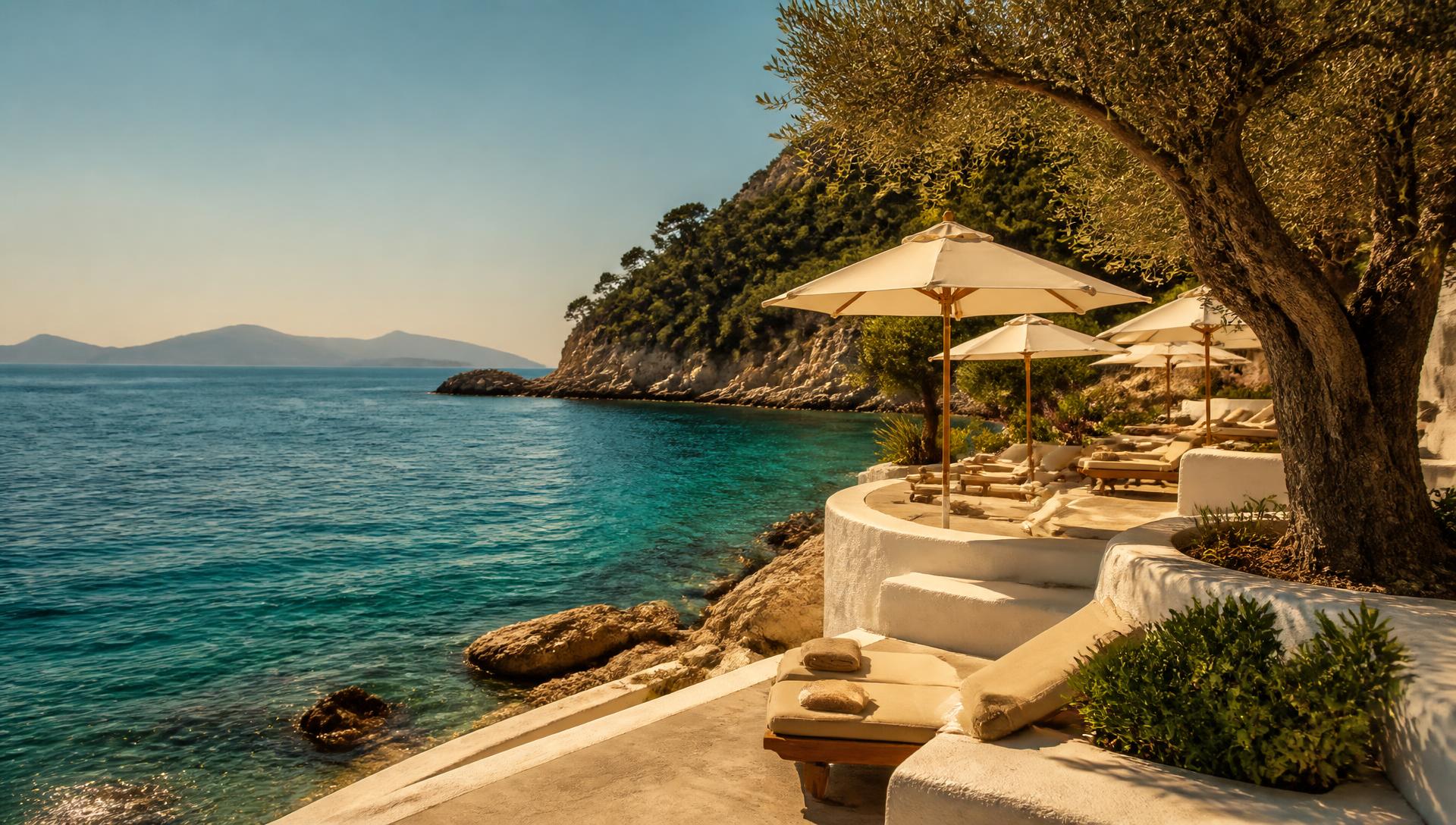 Terrazza di un resort mediterraneo affacciata su una baia al tramonto